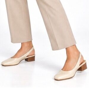 Walk With Me Women's Cream Leather Slingback Pumps Wood-Look Heel Size 9.5